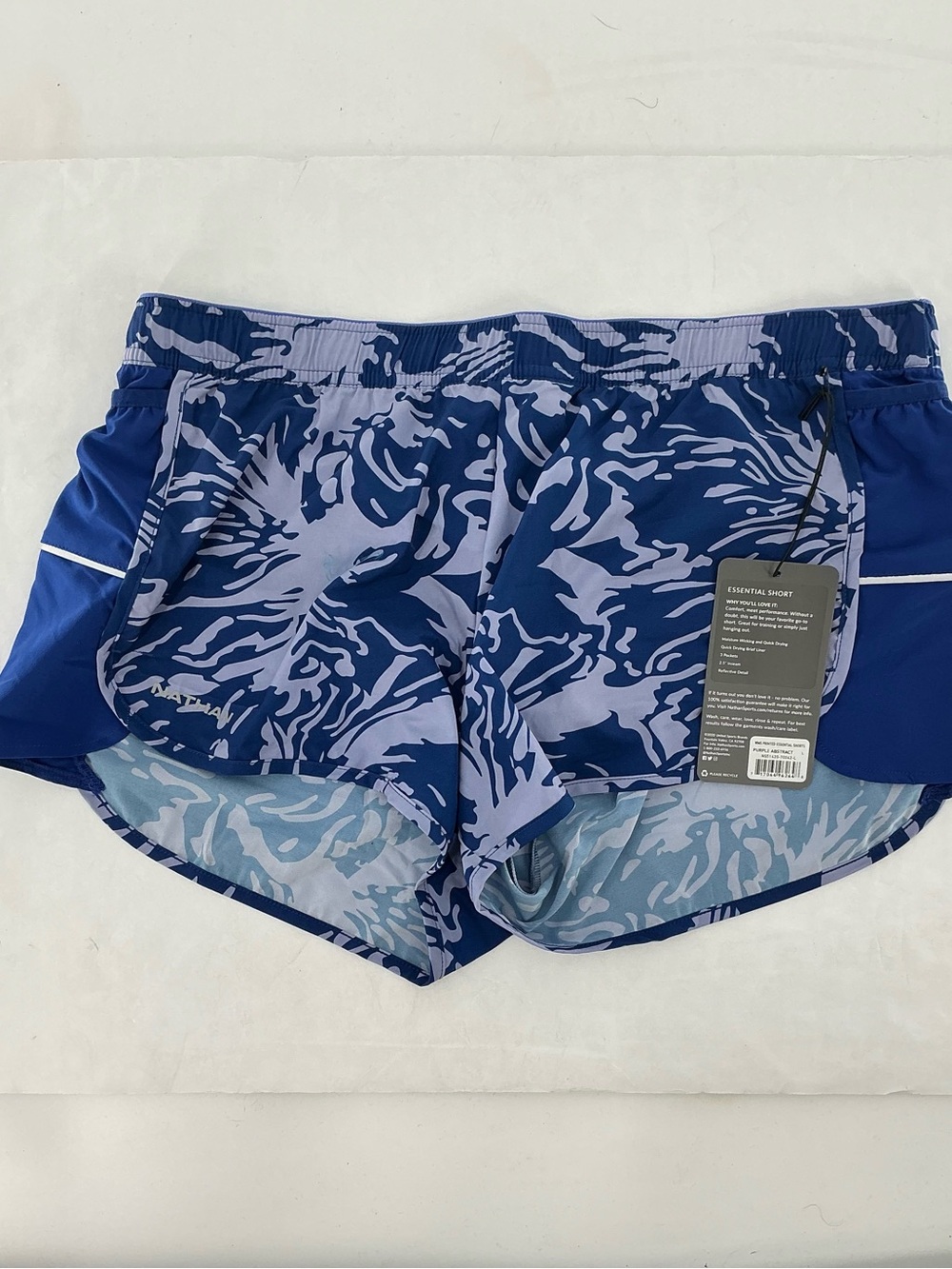 NWT Nathan Essential Running Shorts Womens L Purple Abstract 2.5"